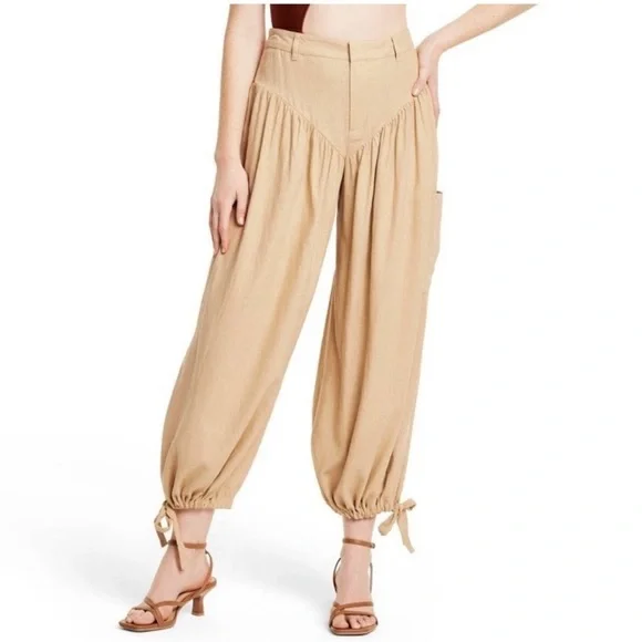 ✌️Fe Noel Pleated Boho Linen Blend Balloon Lantern Pants Tan women’s 4 lagenlook